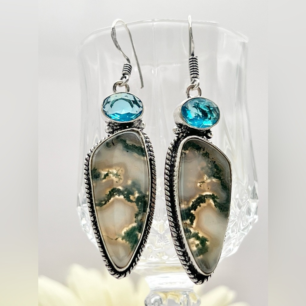 MOSS AGATE/BLUE TOPAZ EARRINGS